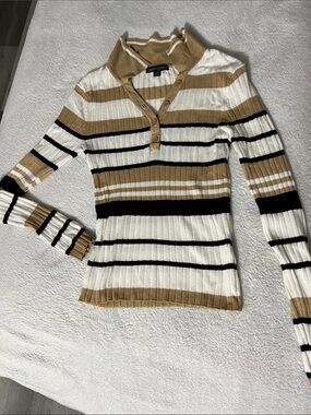 Goddess Striped Ribbed Polo Sweater in White, Tan & Black